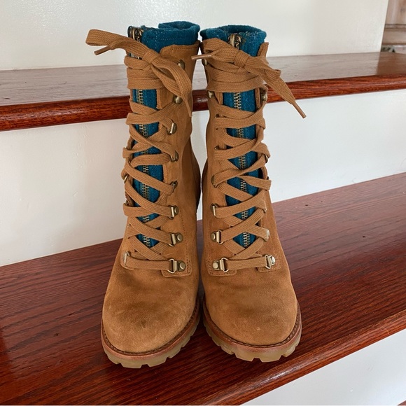 UGG Fabrice Lace Up Boots Rubber Heels Tan Suede Blue Wool 7 - Picture 5 of 10